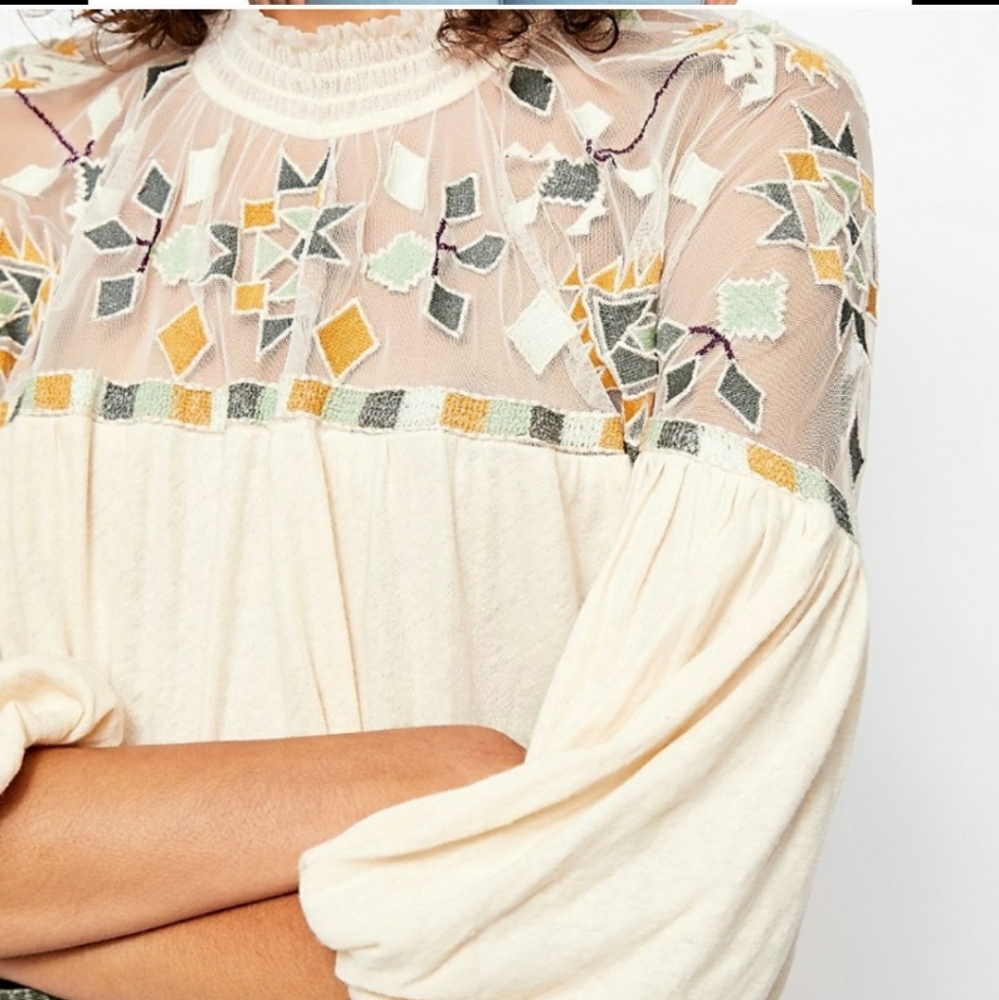 Free People Cream Blouse with Multicolor Embroidered Yoke - Picture 5 of 5